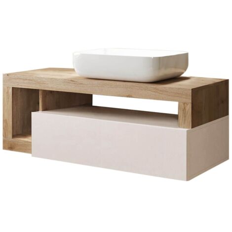 ARTURO - Meuble Vasque 110cm suspendu 1 tiroirs beige laqué et aspect bois finition Cadiz