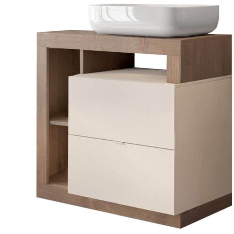 ARTURO - Meuble Vasque 78cm 2 tiroirs beige laqué et aspect bois finition Mercure