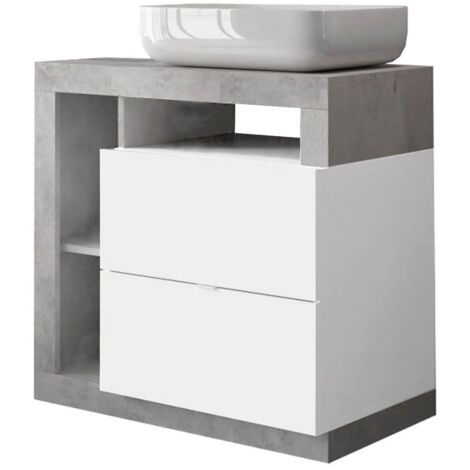 ARTURO - Meuble Vasque 78cm 2 tiroirs blanc laqué et aspect béton