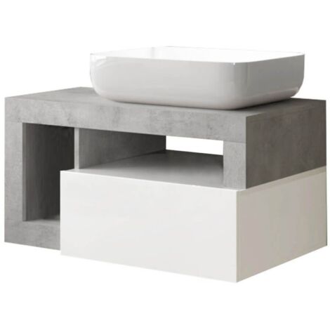 ARTURO - Meuble Vasque 78cm suspendu 1 tiroirs blanc laqué et aspect béton