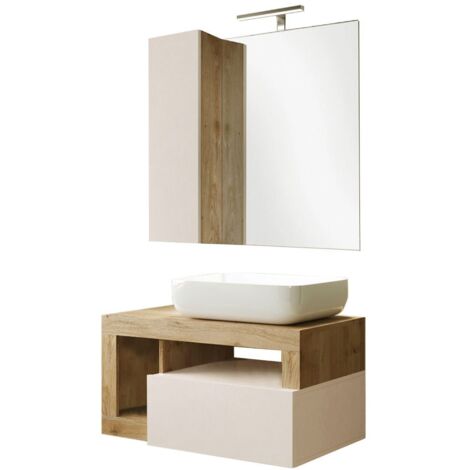 ARTURO - Meuble Vasque 78cm suspendu + Miroir beige et aspect bois finition Cadiz