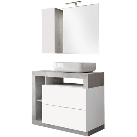 ARTURO - Meuble Vasque 92cm + Miroir blanc et aspect béton