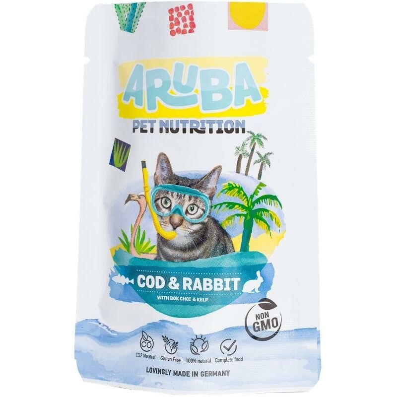 

ARUBA Bacalao y conejo con bok choy y mejillones de labios verdes Comida húmeda gatos 70gr