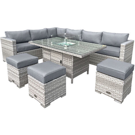 OSEASONS Aruba Rattan 9 Seat Firepit Table Set in Dove Grey