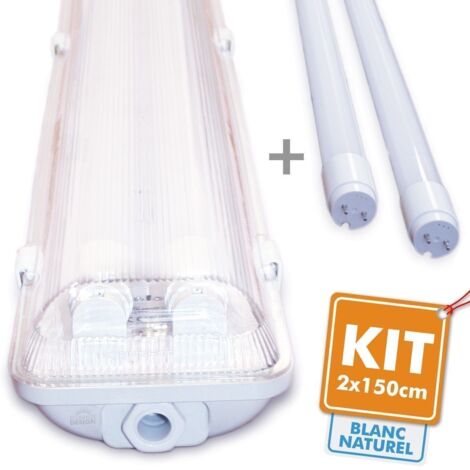 Arum Lighting – Kit de 2 tubes LED 150 cm blanc naturel 4000K – Boîtier étanche IP65 – Flux lumineux 5000 lm – Alimentation 220V