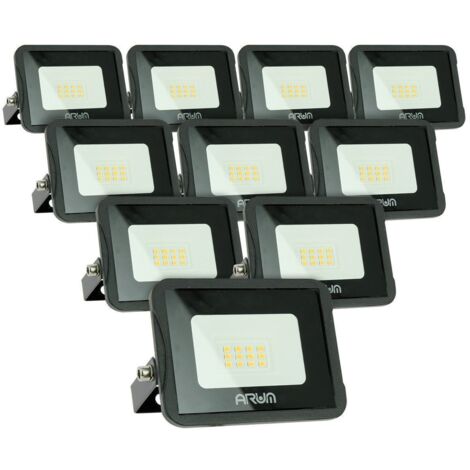 Arum Lighting – Lot de 10 projecteurs LED 10W IP65 extérieur – Blanc chaud 3000K – Économie d'énergie jusqu'à 80% – Technologie SMD – Durée de vie 25 000 heures