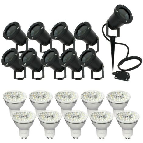 Arum Lighting – Lot de 10 spots piquets étanches IP65 – 10 ampoules GU10 6W – 3 teintes d'éclairage – Câble 120 cm pour installation facile