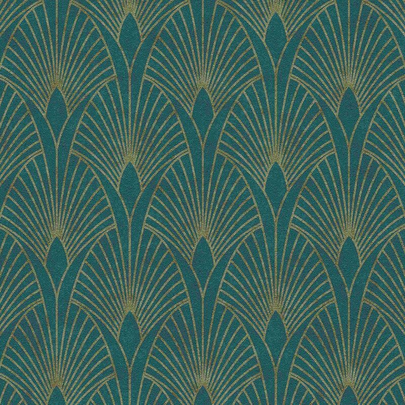 Livingwalls - a.s Creation Art Deco Fan Teal Metallic Gold Wallpaper Textured Vinyl