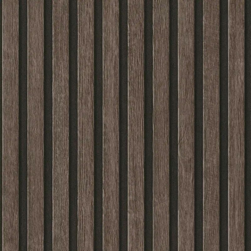 Wooden Slats Panelling 3D Wood Panel Stripe Non Woven Wallpaper Dark Oak Black 39109-3 - Dark Oak Black - As Creation