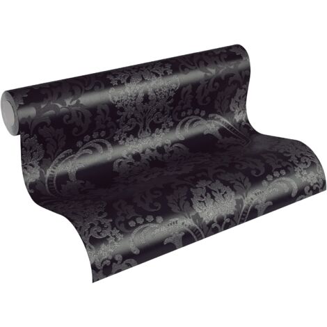 A.S. Création Carta da parati barocca in tessuto non tessuto bianco e nero con glitter, 10,05 m x 0,53 m, nero 361663