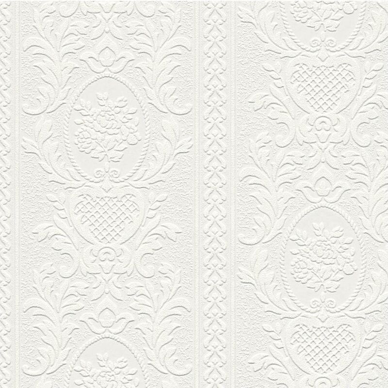 As Creation - Paintable Damask Blown Vinyl Wallpaper White Textured Embossed