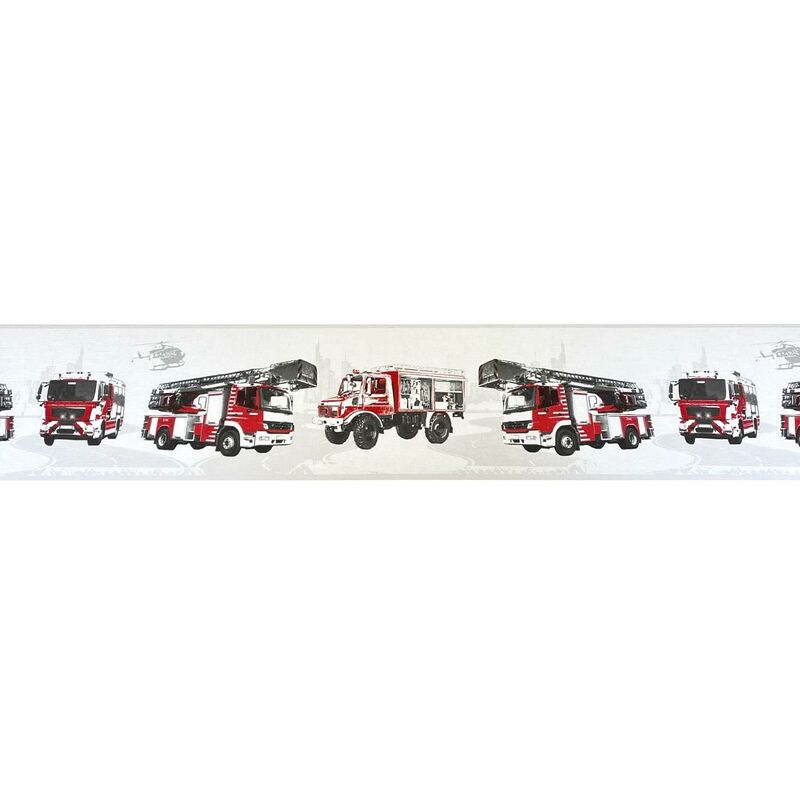 As Creation - Fire Truck Red White Wallpaper Border Helicopter Textured Kids Room