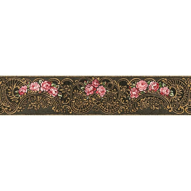 As Creation - Floral Rose Swirl Print Wallpaper Border Pink Gold Black Textured