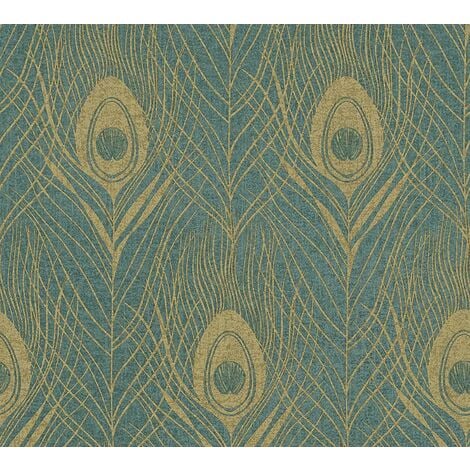 AS CREATION A.S Creation Luxury Peacock Bird Feather Design Wallpaper Non Woven Vinyl Roll[36971-4 Turquoise Gold]