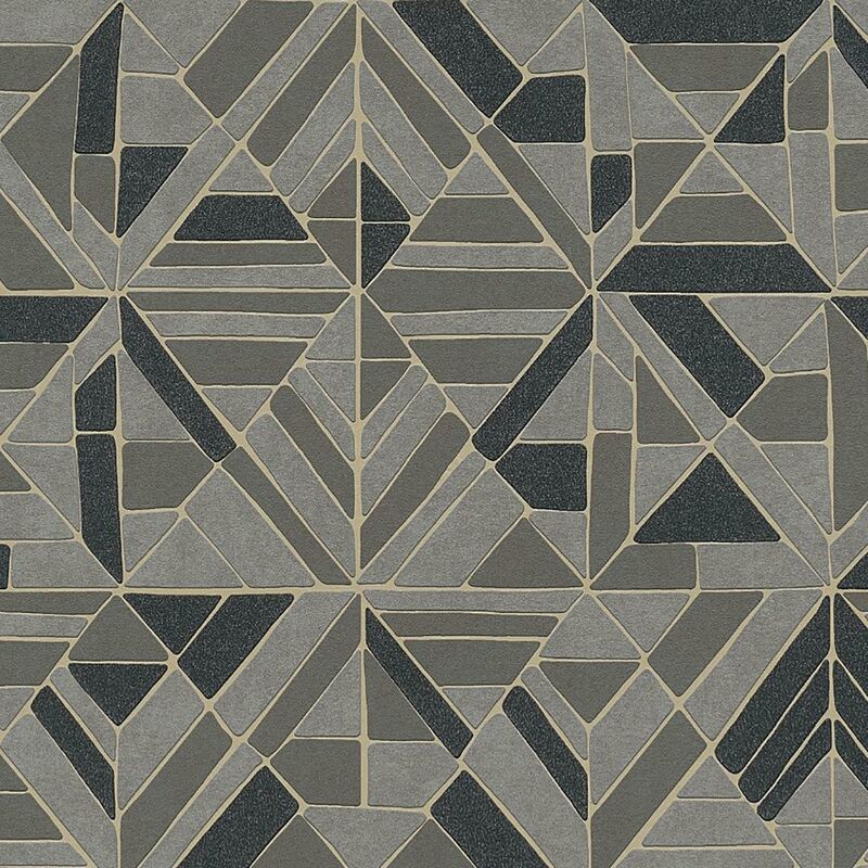 A.s.creations - a.s Creation Retro Black Grey Tiles Metallic Gold Wallpaper Textured Vinyl