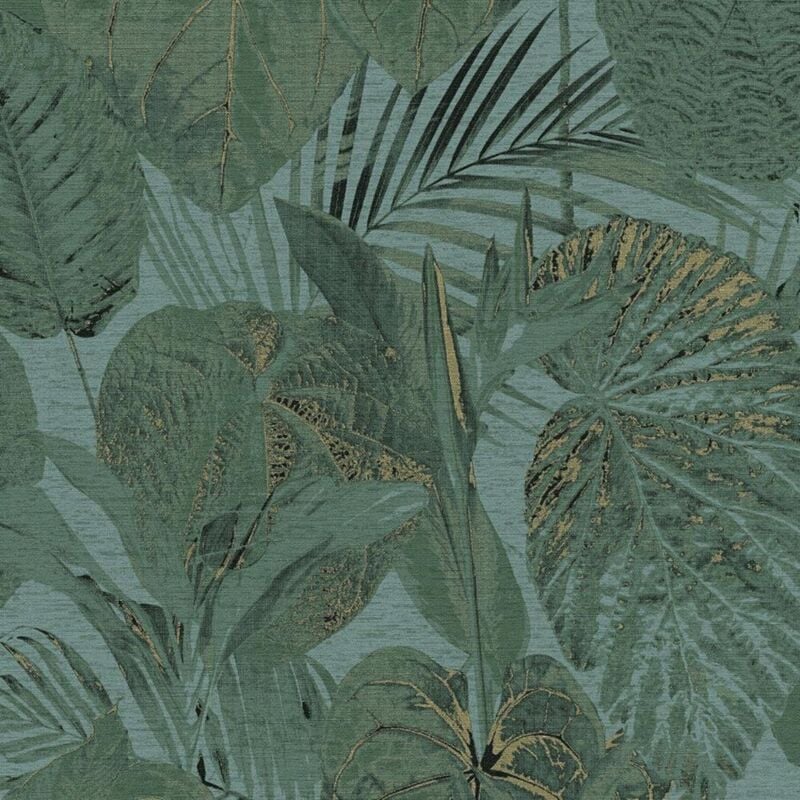 As Creation - Tropical Leaves Green Wallpaper Gold Textured Paste The Wall Vinyl