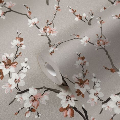 A.S. Creations – Papier peint à motif floral gris – Tapisserie botanique à fleurs oranges – Pour chambre – Intissé sans œillets
