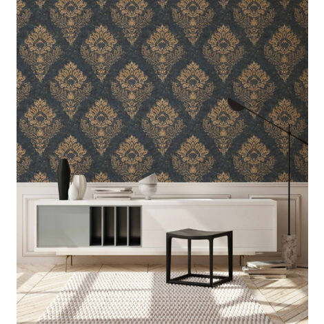 A.S. Creations – Papier peint baroque bleu foncé et or – Papier peint damassé moderne – Intissé pour chambre – Haute qualité Livingwalls