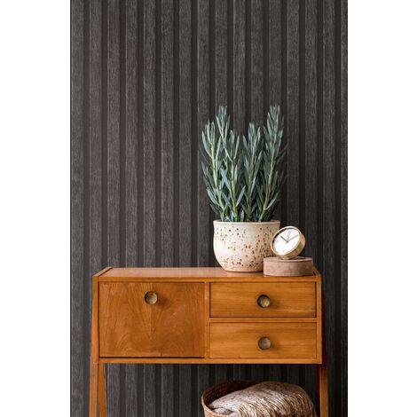 Papier peint intissé effet bois 3D – Tasseaux de bois anthracite – 53cm x 10,05m – Lessivable et brossable – Raccord libre – A.S. Creations