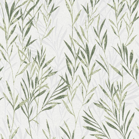 A.S. Creations – Papier peint tropical blanc feuilles vertes – Tapisserie florale moderne pour bureau – Papier peint végétal haute qualité – Collection Flavour