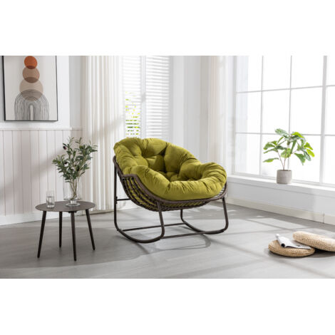 AS EASY Fauteuil à bascule d'extérieur en rotin, avec coussin rembourré, pour porche, salon, terrasse, jardin, vert olive