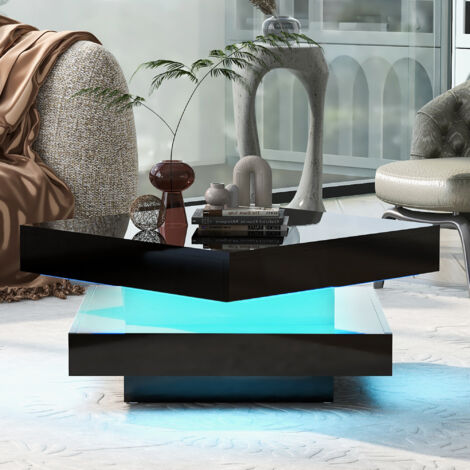 AS EASY Table basse carrée noire laquée brillante avec plateau pivotant - Style techno moderne avec 16 LED, 70 x 70 x 36 cm, rotation à 360°
