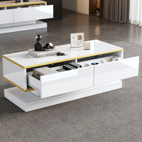 AS EASY Table basse laquée brillante 100 x 50 x 38 cm, table d'appoint avec 2 grands tiroirs, table de salon originale, blanc chaud avec bordure dorée, table basse avec plateau étroit et large base.