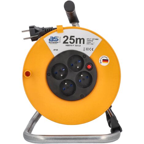 as - Schwabe Avvolgicavo 25 m, avvolgicavo con 4 prese di corrente incorporate BF e spina a contatto di protezione, avvolgicavo 230 V/16 A, IP20, arancione, 811480