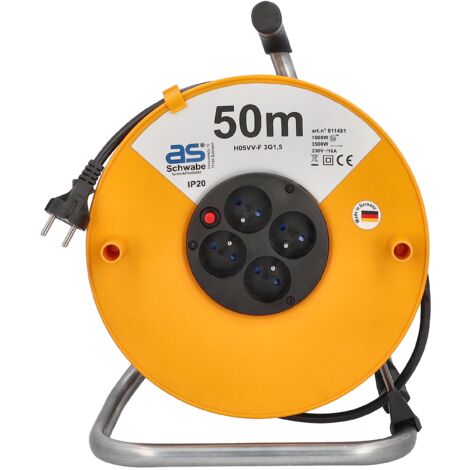 as - Schwabe Avvolgicavo 50 m, cavo di prolunga, 4 prese di corrente da incasso NF 230V/16A & spina a contatto di protezione, avvolgicavo, IP44, Orange, Made in Germany, 811481