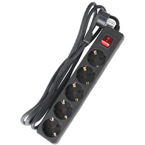 as - Schwabe Ciabatta elettrica a 5 prese, colore nero, con spina piatta, cavo da 2 m, interruttore e spia di controllo, presa multipla, spina piatta, presa ruotata di 45°, maggiore protezione da