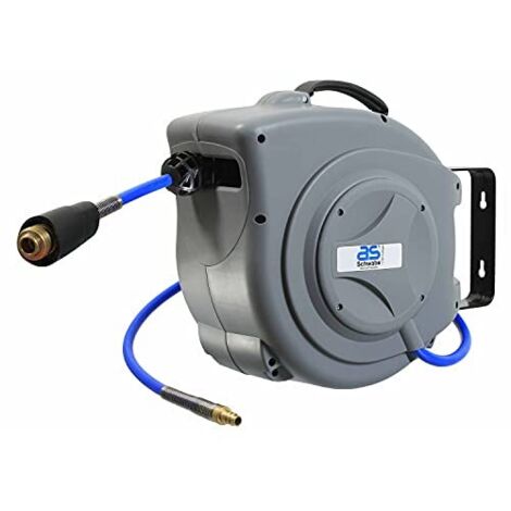 as - Schwabe Svvolgitubo professionale automatico per aria compressa - 15 m di tubo in PU e 1 m di tubo di collegamento, con arresto del tubo e attacco rapido, supporto a parete solido - grigio