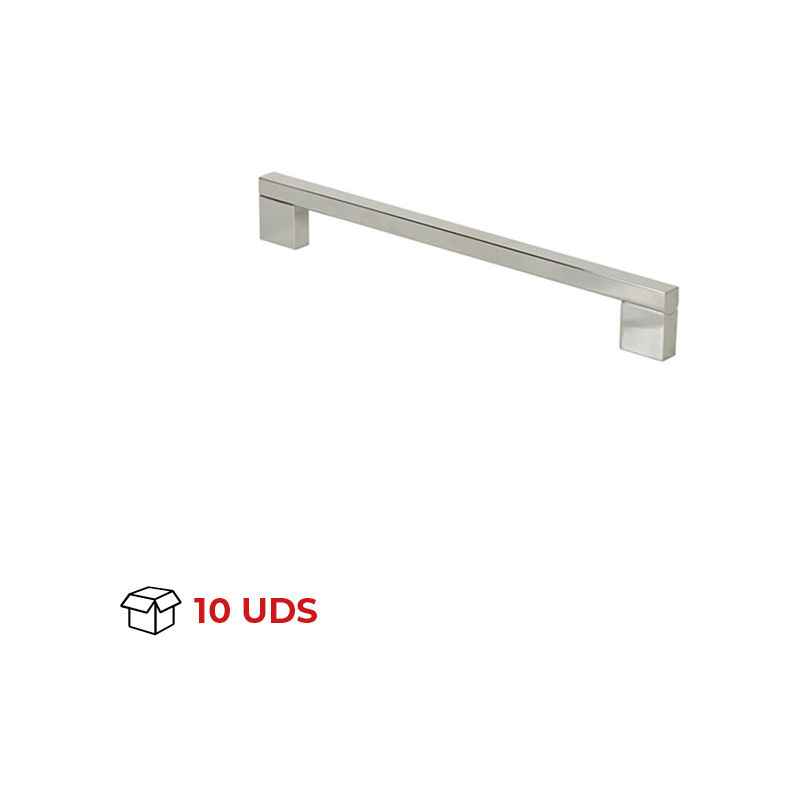 

Caja con 10 asas de estilo moderno, fabricada en aluminio, con acabado cromo brillo y 320 mm de distancia entre punt