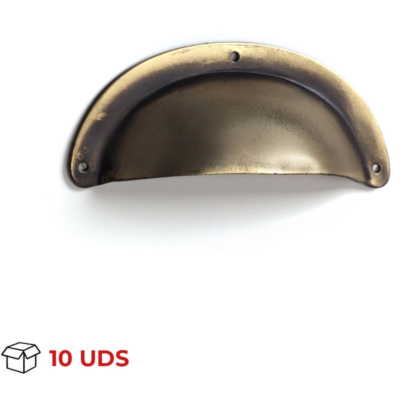 

Caja con 10 asas tipo concha de estilo clásico metálico, fabricada en zamak, con acabado cuero viejo y 76 mm de dist