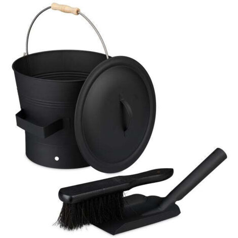Ascheeimer mit deckel und besen set 75 l - schwarz