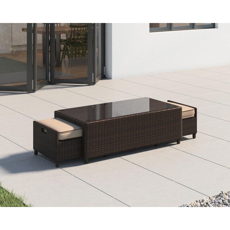 Ascot Rattan Garden Coffee Table with 2 Footstools in Chocolate Mix and Coffee Cream
