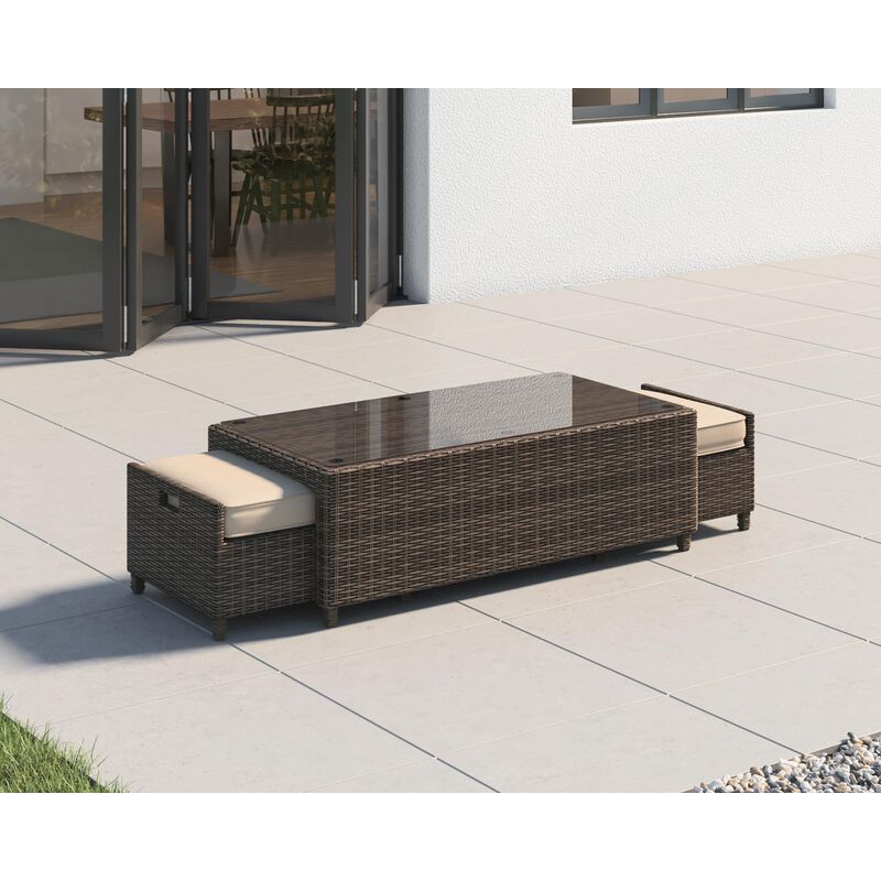 Rattan Direct - Ascot Rattan Garden Coffee Table with 2 Footstools in Premium Truffle Brown and Champagne