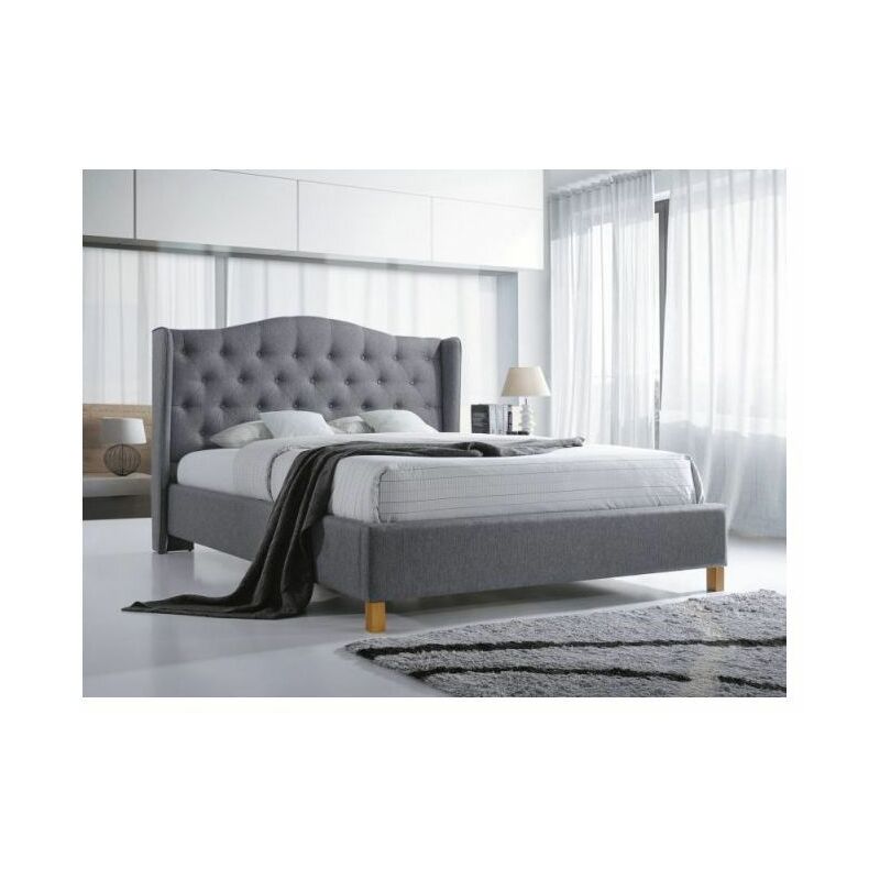 Asden - lit double de chambre a coucher 158x216 cm <strong>rembourre</strong> tissu <strong>pieds</strong> en bois sommier inclus gris
