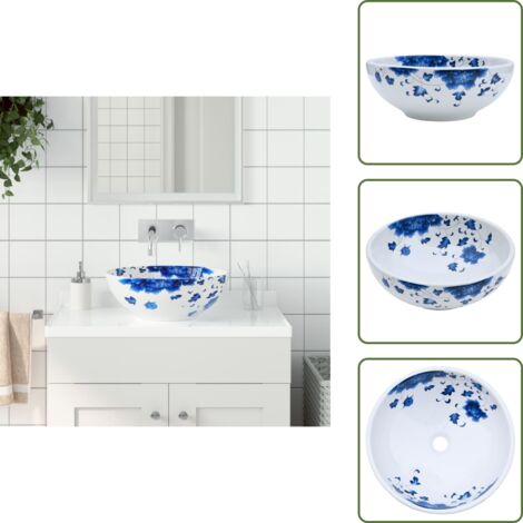 Aseo - vidaXL Lavabo sobre encimera redondo cerámica blanco y azul Φ41x14 cm - Tocador