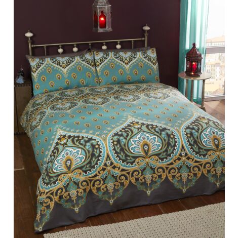 Asha - Set Copripiumino Matrimoniale e 2 federe design indiano, color smeraldo, set biancheria da letto, colore verde/foglia di tè, letto king size