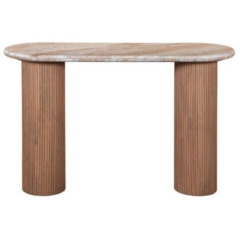 Ashford Pedestal Console Table - Natural Marble and Wood - L40 x W120 x H77 cm - Brown