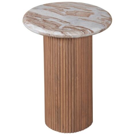 Ashford Pedestal Side Table - Natural Marble and Wood - L40 x W40 x H55 cm - Brown