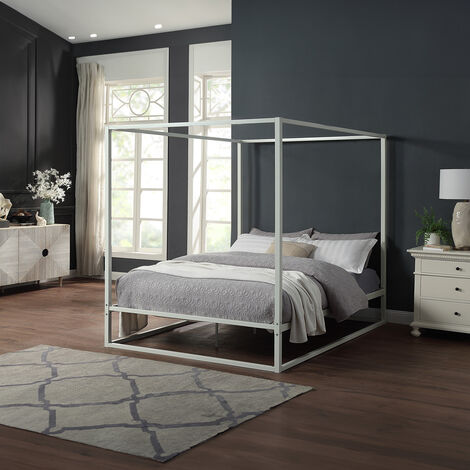 ASHWELL MODERN 4 FOUR POSTER METAL BED FRAME  WHITE, DOUBLE