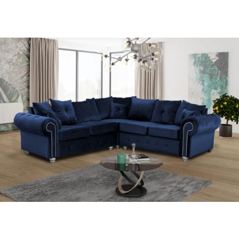 Ashwin Plush Velvet Corner Sofa with Back Cushions - Blue