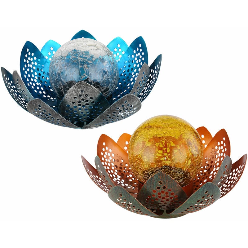 Image of Asia fiore di loto balcone decorazione fiore di loto solare per esterni decorazioni da giardino luci crackle vetro, foglie di metallo, 1x led, set di