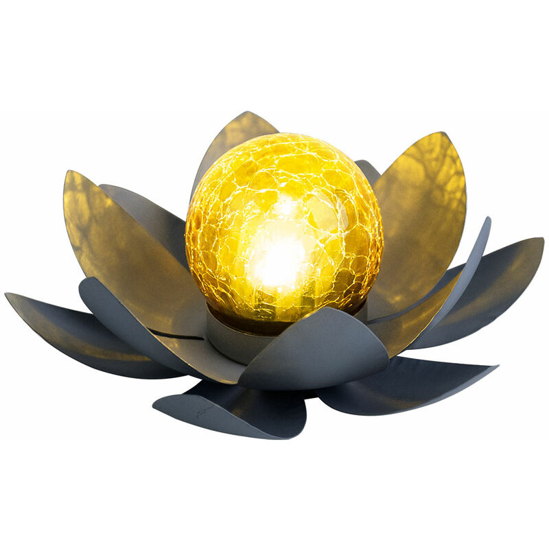 Image of Asia giardino fiore di loto decorazione solare fiore di loto per esterni giardino luce decorazione luci, vetro craquelé foglie di metallo grigio, 1x