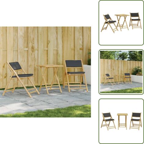 Asiento cómodo - vidaXL Juego bistró plegable de bambú 3 pzas con cojines gris oscuro - Muebles de exterior