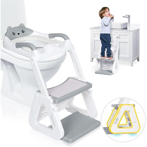 Asiento de inodoro ajustable con taburete, elevador de asiento estable con estructura triangular, pedal extendido y cojín de asiento de PVC impermeable, antideslizante y plegable, gris.