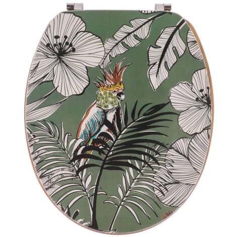 Asiento de inodoro de mdf de 18 pulgadas con tapa de diseño impreso y asiento de bambú con cierres de acero inoxidable - jungle fever khaki - Tendance