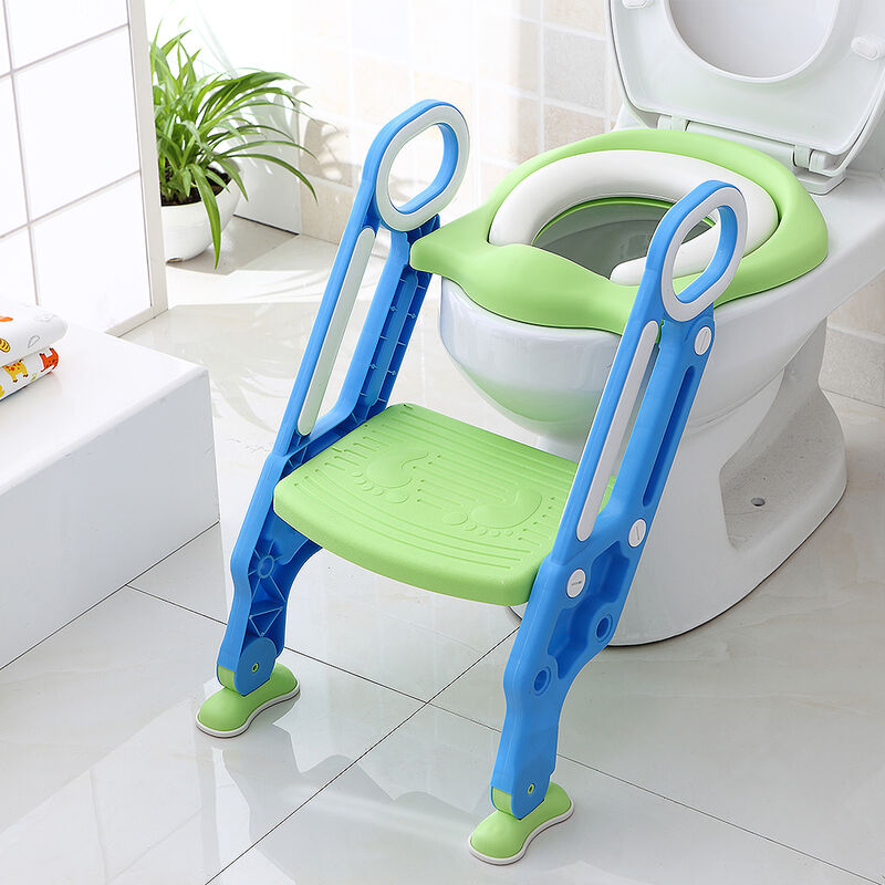 

Asiento de Inodoro Para Niños Altura Ajustable Asiento con Escalera y Manija Plegable Inodoro Entrenamiento para Niños（Azul + verde）