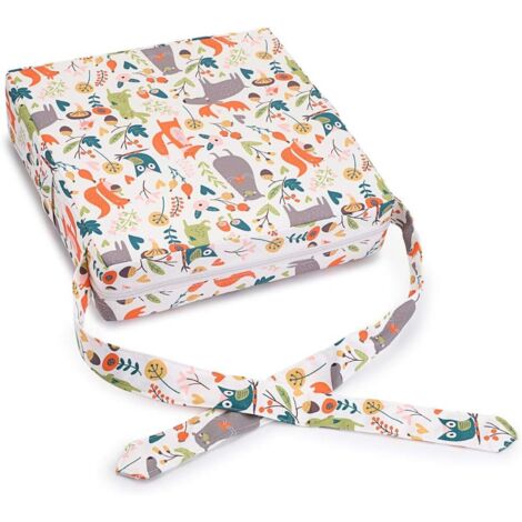 Asiento elevador extraíble, ajustable y lavable con correas para silla de comedor, cojín de almacenamiento para viajes (Animales + Bosque, Blanco)